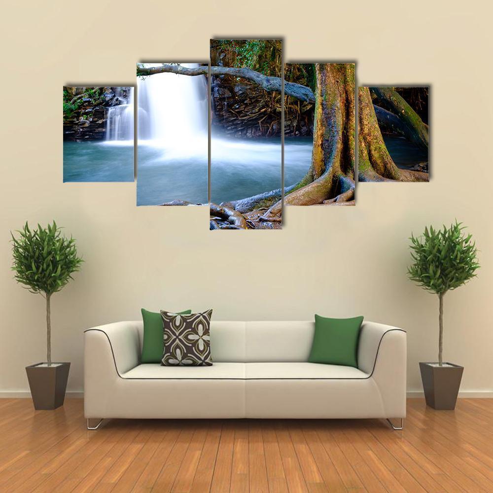 Waterfall And Old Tree Canvas Wall Art-5 Star-Gallery Wrap-62" x 32"-Tiaracle