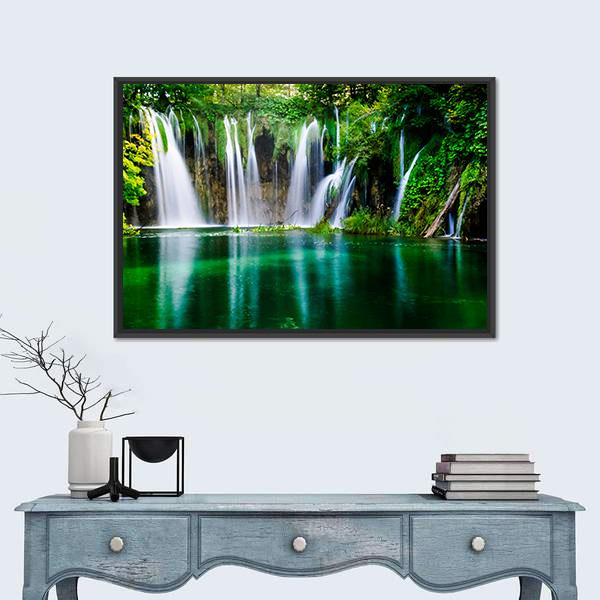 Waterfall And Plitvice Lake Canvas Wall Art-1 Piece-Floating Frame-24" x 16"-Tiaracle