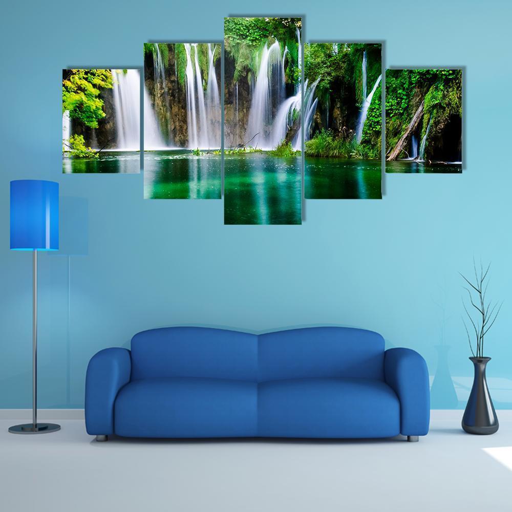 Waterfall And Plitvice Lake Canvas Wall Art-5 Star-Gallery Wrap-62" x 32"-Tiaracle