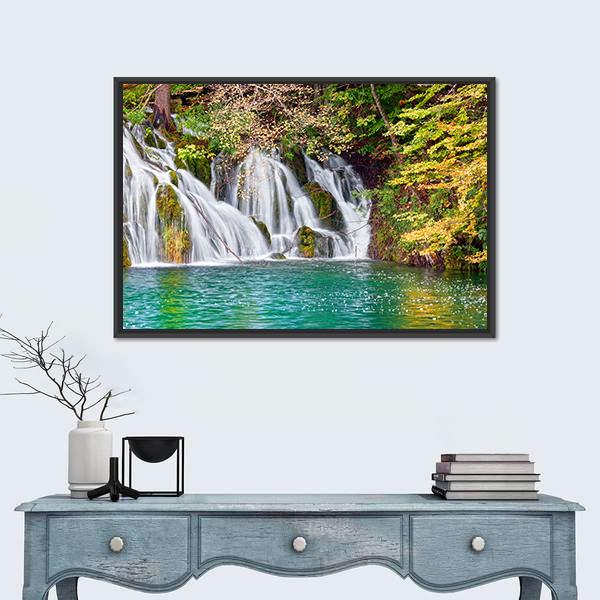 Waterfall And Small Lake In Forest Canvas Wall Art-1 Piece-Floating Frame-24" x 16"-Tiaracle