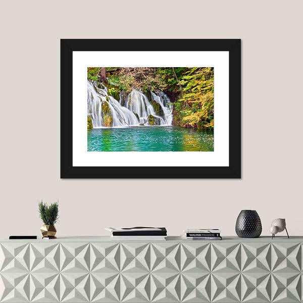 Waterfall And Small Lake In Forest Canvas Wall Art-1 Piece-Framed Print-20" x 16"-Tiaracle