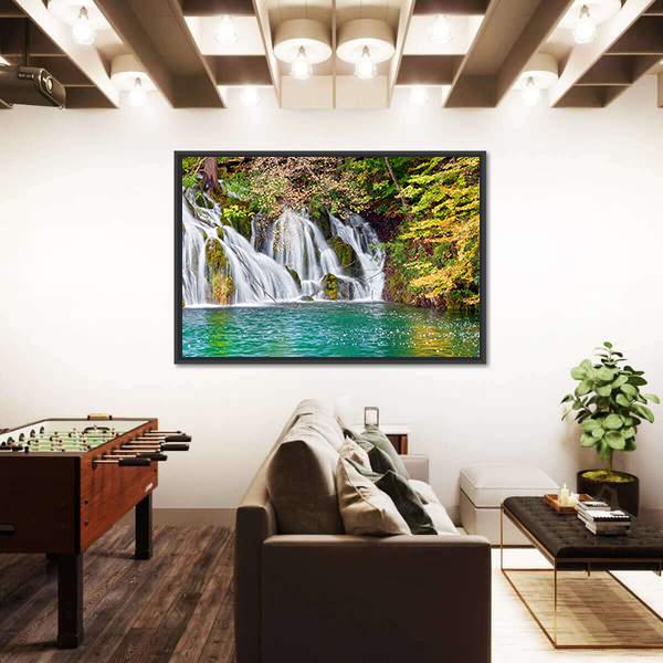 Waterfall And Small Lake In Forest Canvas Wall Art-3 Horizontal-Gallery Wrap-25" x 16"-Tiaracle