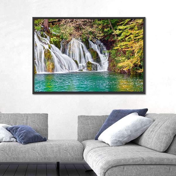 Waterfall And Small Lake In Forest Canvas Wall Art-3 Horizontal-Gallery Wrap-25" x 16"-Tiaracle