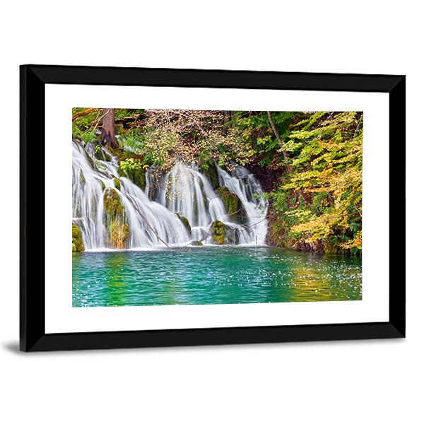 Waterfall And Small Lake In Forest Canvas Wall Art-3 Horizontal-Gallery Wrap-25" x 16"-Tiaracle