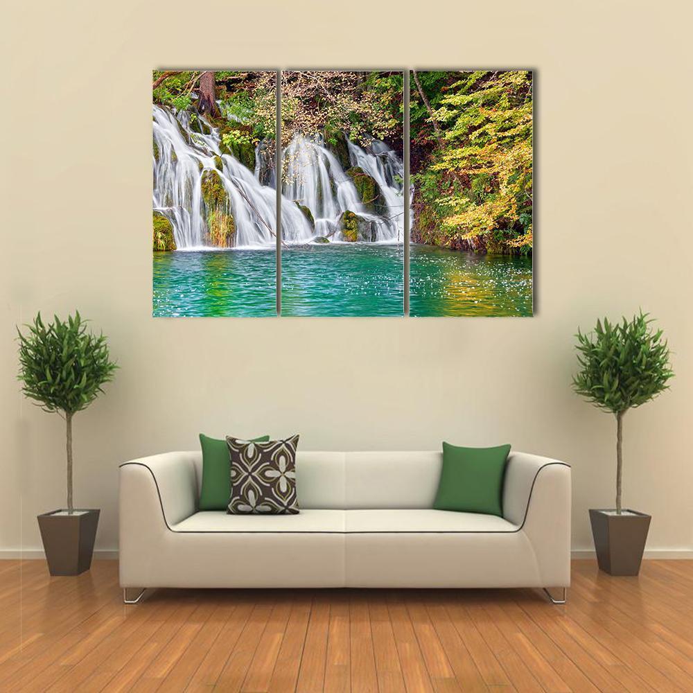 Waterfall And Small Lake In Forest Canvas Wall Art-4 Pop-Gallery Wrap-50" x 32"-Tiaracle