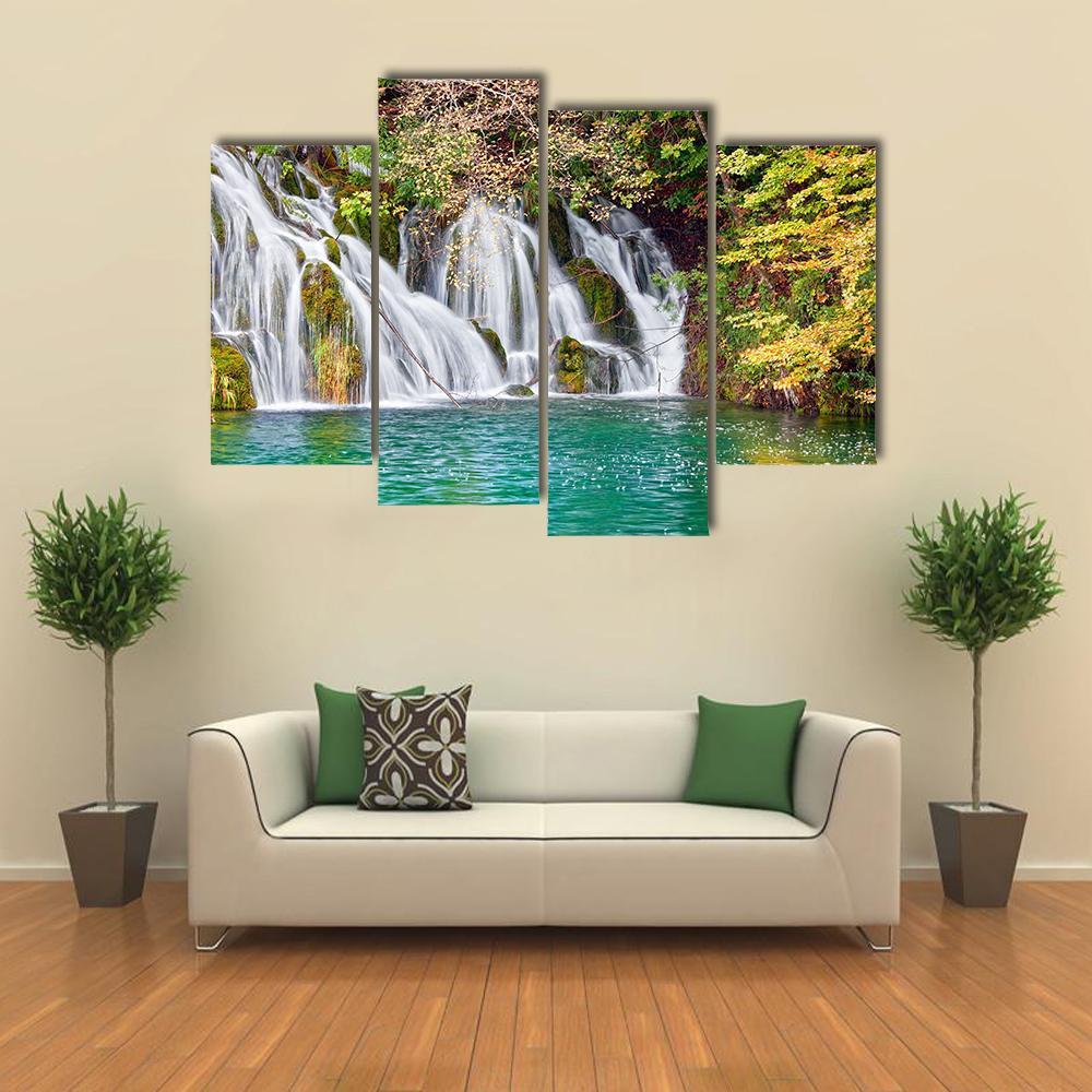 Waterfall And Small Lake In Forest Canvas Wall Art-4 Pop-Gallery Wrap-50" x 32"-Tiaracle