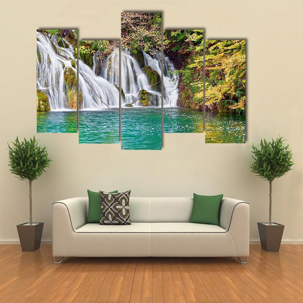 Waterfall And Small Lake In Forest Canvas Wall Art-5 Pop-Gallery Wrap-47" x 32"-Tiaracle
