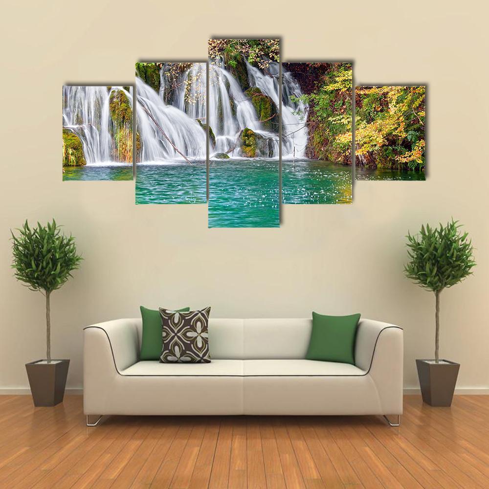 Waterfall And Small Lake In Forest Canvas Wall Art-5 Star-Gallery Wrap-62" x 32"-Tiaracle