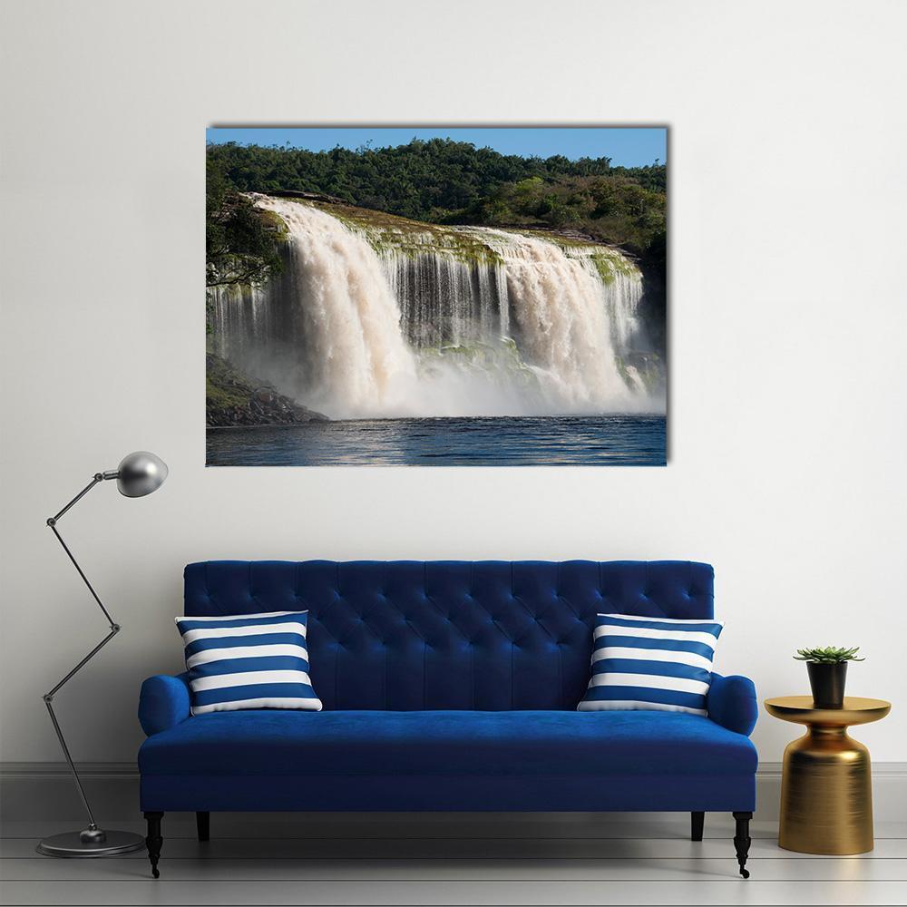 Misty Forest Waterfall Landscape Canvas Wall Art in white, green and blue, single panel hung on a wall