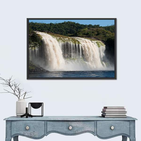Cascading Waterfall in Lush Forest Canvas Wall Art in white, green and blue, framed canvas, product view on a white background