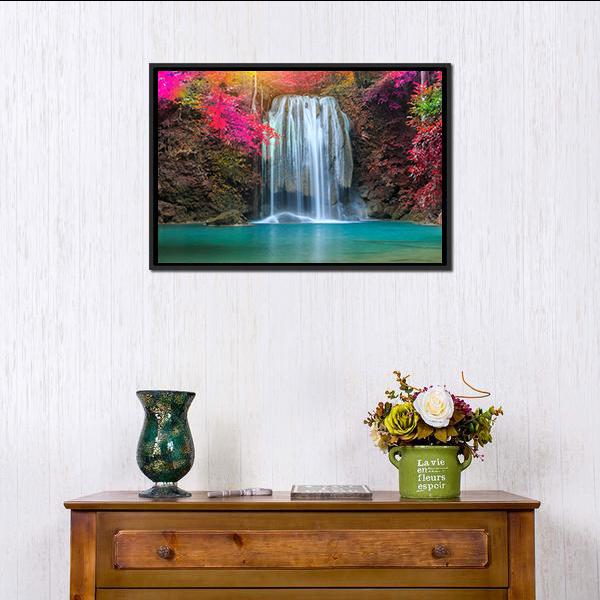 Waterfall At Colorful Place Canvas Wall Art-1 Piece-Floating Frame-24" x 16"-Tiaracle