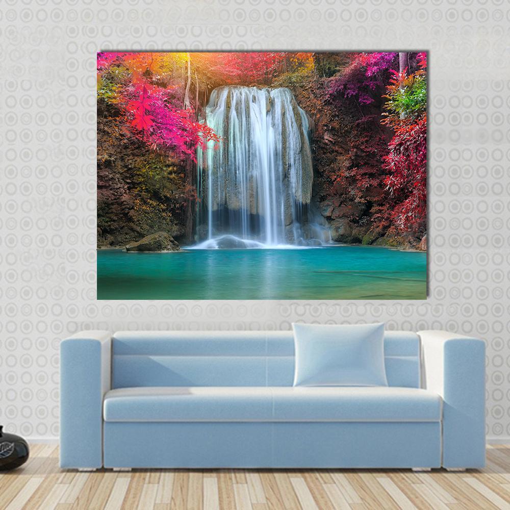 Waterfall at Colorful Place Canvas Wall Art in blue, pink and multicolor, single panel hung on a wall