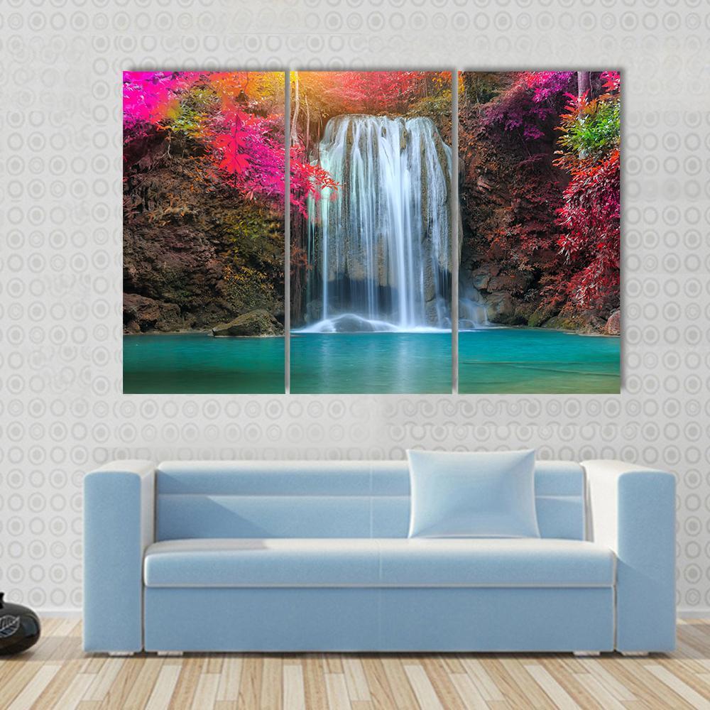 Waterfall At Colorful Place Canvas Wall Art-3 Horizontal-Gallery Wrap-37" x 24"-Tiaracle