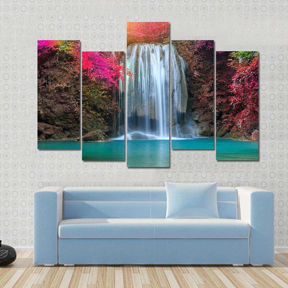 Waterfall At Colorful Place Canvas Wall Art-5 Pop-Gallery Wrap-47" x 32"-Tiaracle