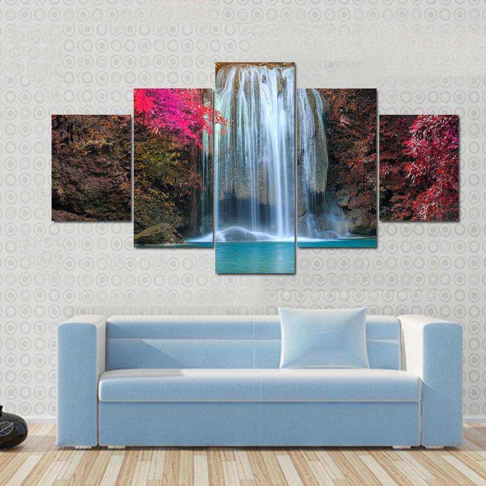 Waterfall At Colorful Place Canvas Wall Art-5 Star-Gallery Wrap-62" x 32"-Tiaracle