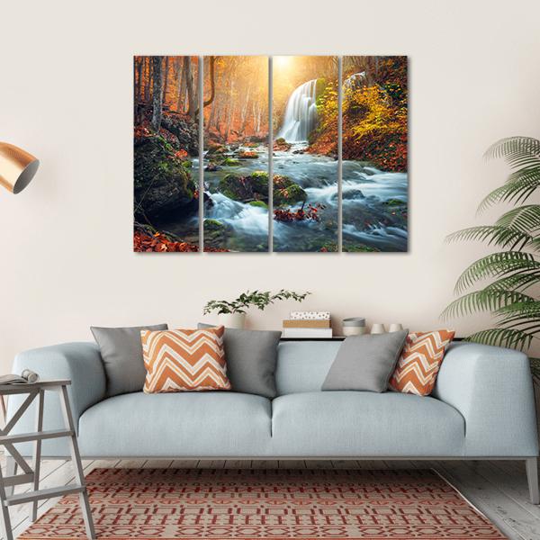 Waterfall At Mountain River In Colorful Autumn Forest Canvas Wall Art-4 Horizontal-Gallery Wrap-34" x 24"-Tiaracle