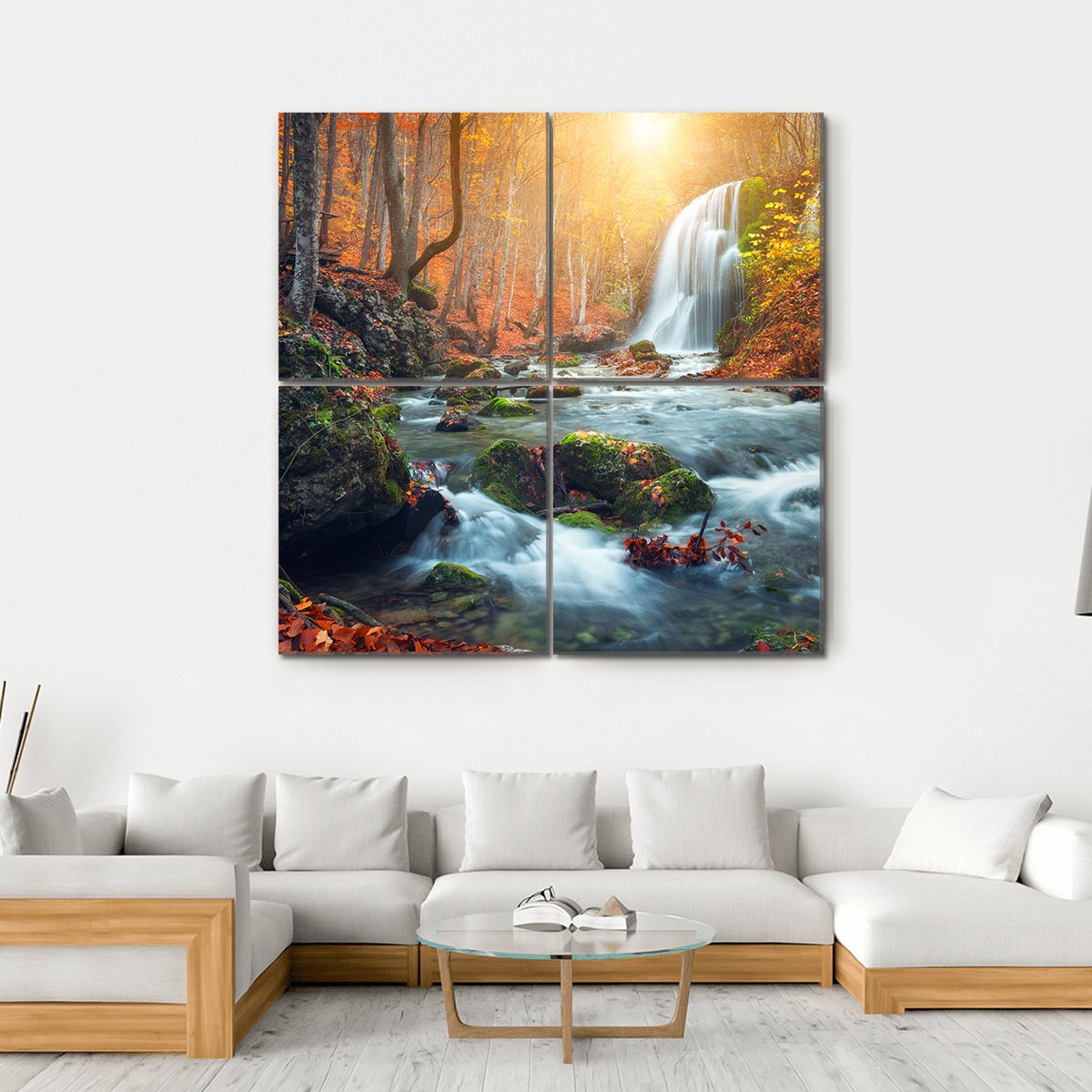 Waterfall At Mountain River In Colorful Autumn Forest Canvas Wall Art-4 Square-Gallery Wrap-17" x 17"-Tiaracle