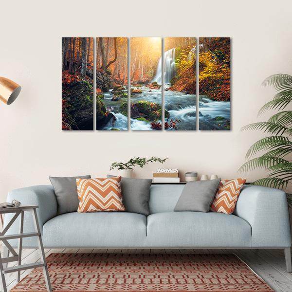 Waterfall At Mountain River In Colorful Autumn Forest Canvas Wall Art-5 Horizontal-Gallery Wrap-22" x 12"-Tiaracle