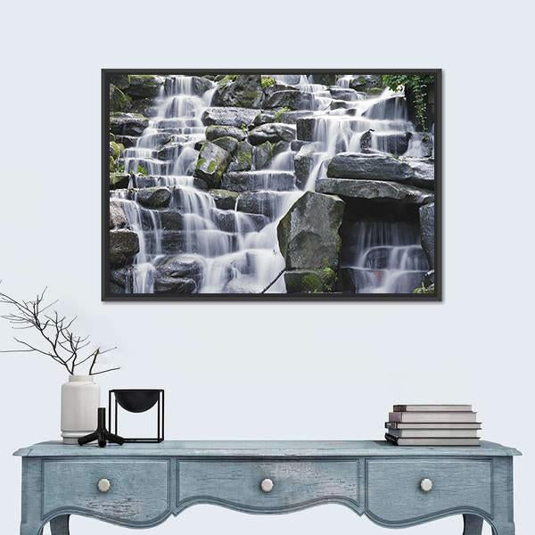 Waterfall Cascades Flowing Over Flat Rocks Canvas Wall Art-1 Piece-Floating Frame-24" x 16"-Tiaracle