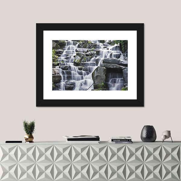 Waterfall Cascades Flowing Over Flat Rocks Canvas Wall Art-1 Piece-Framed Print-20" x 16"-Tiaracle