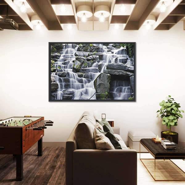 Waterfall Cascades Flowing Over Flat Rocks Canvas Wall Art-3 Horizontal-Gallery Wrap-25" x 16"-Tiaracle