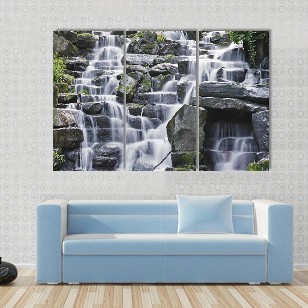 Waterfall Cascades Flowing Over Flat Rocks Canvas Wall Art-3 Horizontal-Gallery Wrap-37" x 24"-Tiaracle