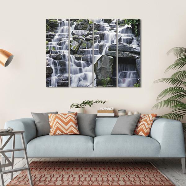 Waterfall Cascades Flowing Over Flat Rocks Canvas Wall Art-4 Horizontal-Gallery Wrap-34" x 24"-Tiaracle