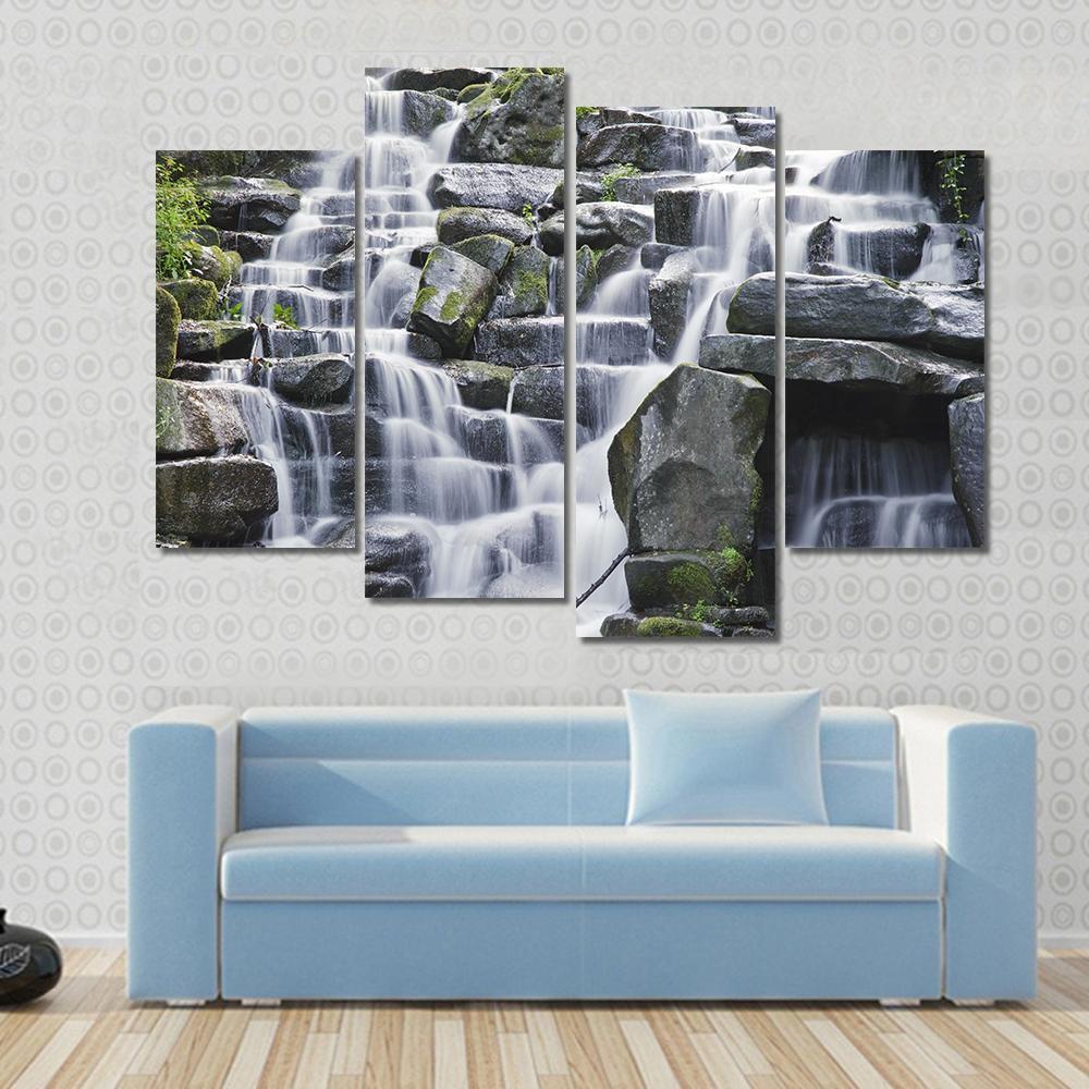Waterfall Cascades Flowing Over Flat Rocks Canvas Wall Art-4 Pop-Gallery Wrap-50" x 32"-Tiaracle