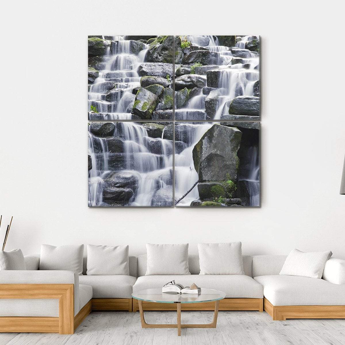 Waterfall Cascades Flowing Over Flat Rocks Canvas Wall Art-4 Square-Gallery Wrap-17" x 17"-Tiaracle