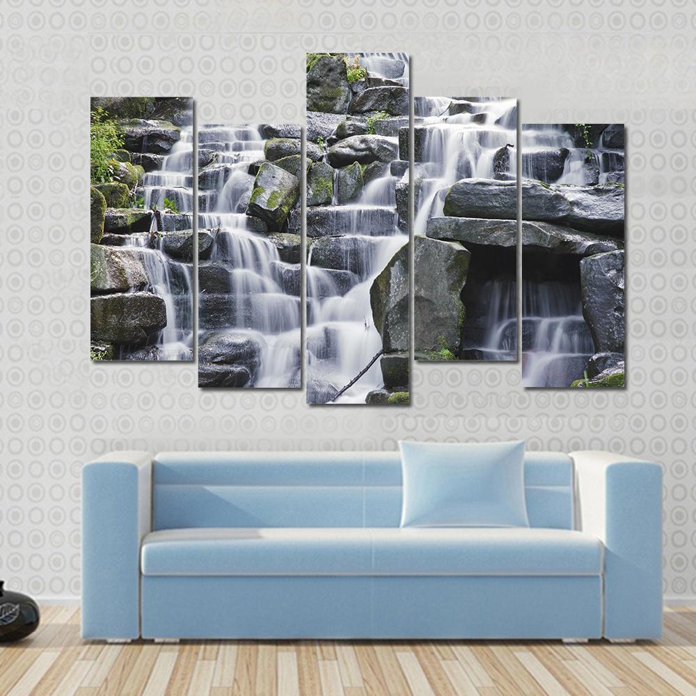 Waterfall Cascades Flowing Over Flat Rocks Canvas Wall Art-5 Pop-Gallery Wrap-47" x 32"-Tiaracle