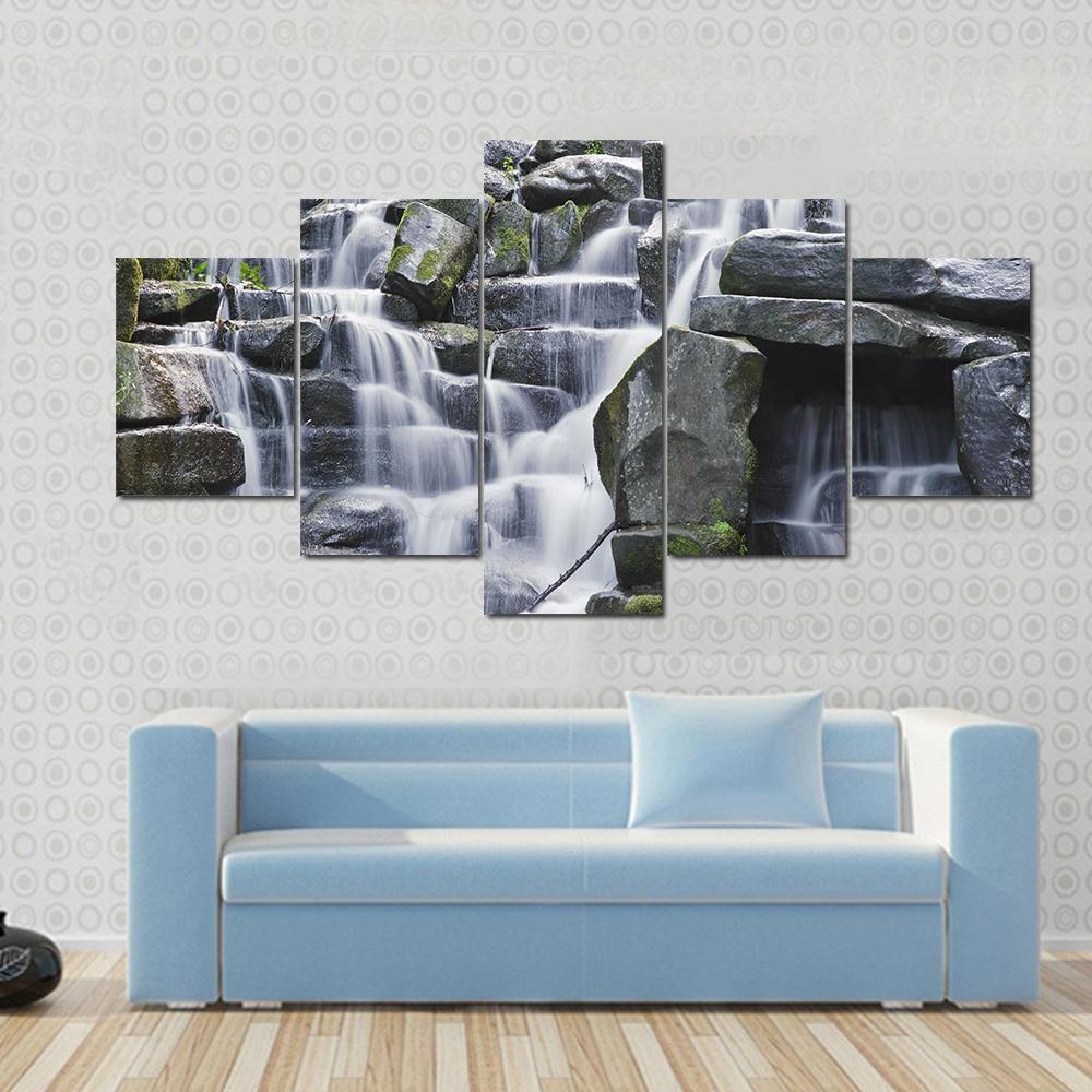 Waterfall Cascades Flowing Over Flat Rocks Canvas Wall Art-5 Star-Gallery Wrap-62" x 32"-Tiaracle