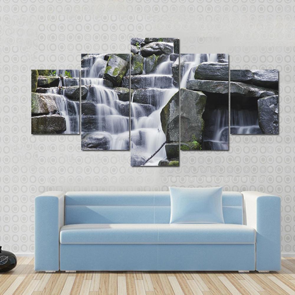 Waterfall Cascades Flowing Over Flat Rocks Canvas Wall Art-1 Piece-Gallery Wrap-48" x 32"-Tiaracle