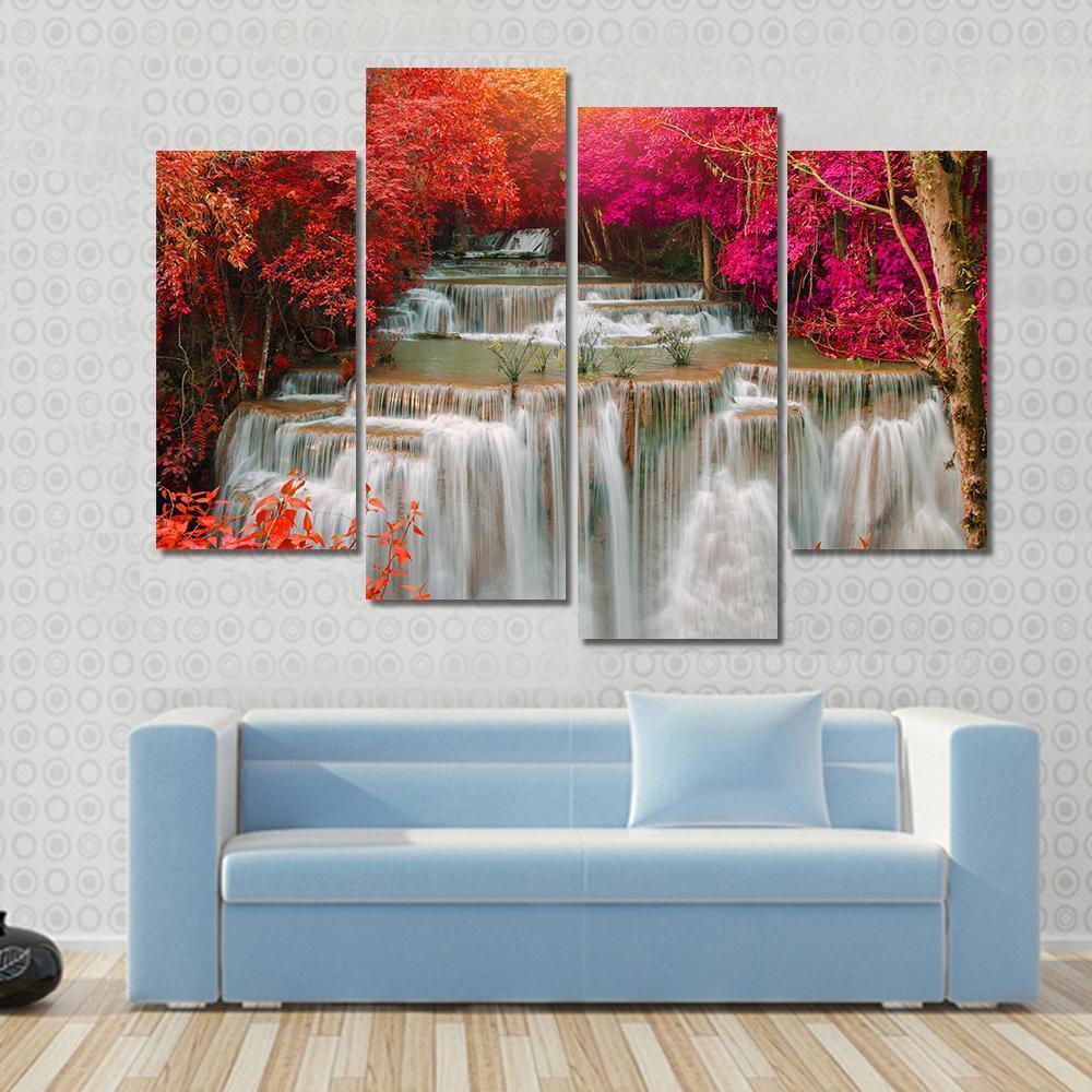 Waterfall Coming From Pink And Red Trees Jungle Canvas Wall Art-4 Pop-Gallery Wrap-50" x 32"-Tiaracle