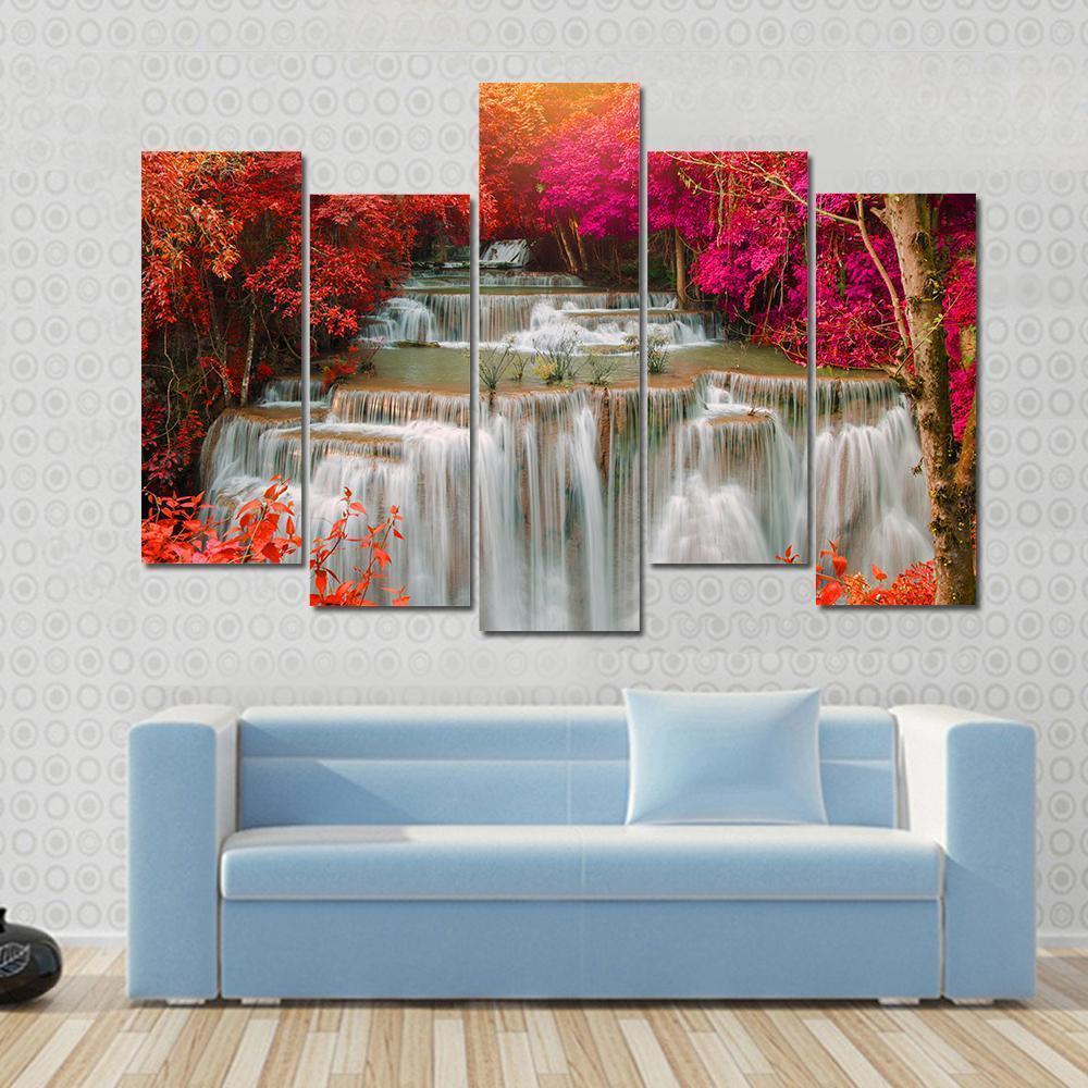 Waterfall Coming From Pink And Red Trees Jungle Canvas Wall Art-5 Pop-Gallery Wrap-47" x 32"-Tiaracle