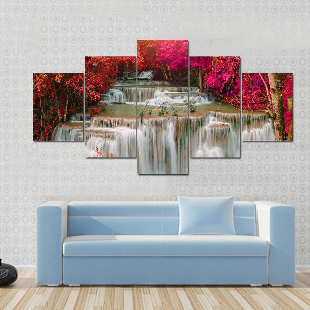 Waterfall Coming From Pink And Red Trees Jungle Canvas Wall Art-5 Star-Gallery Wrap-62" x 32"-Tiaracle