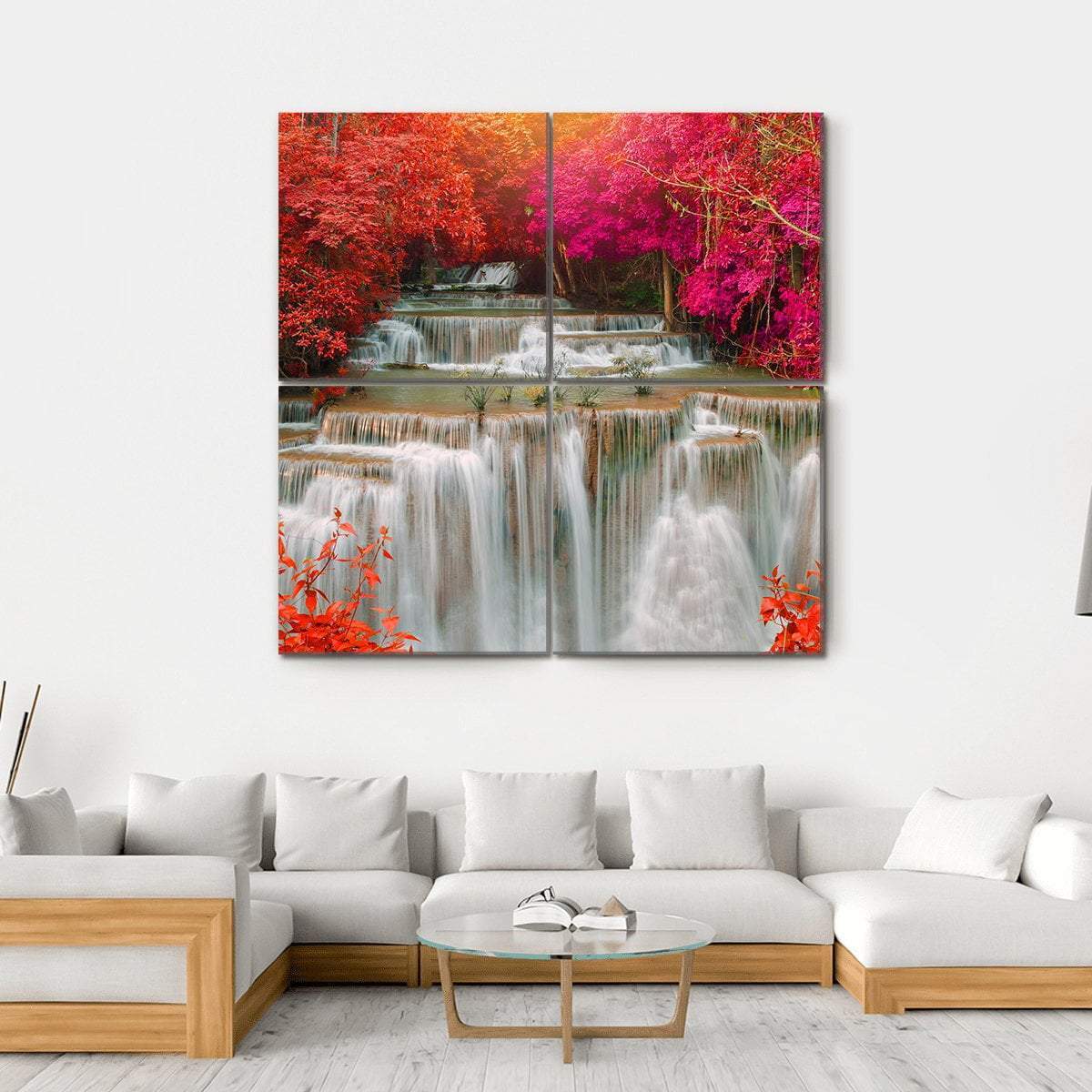 Waterfall Coming From Pink And Red Trees Jungle Canvas Wall Art-4 Square-Gallery Wrap-17" x 17"-Tiaracle
