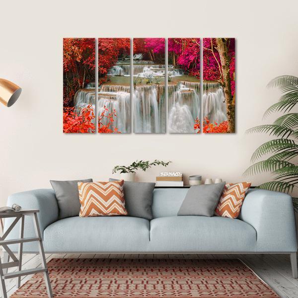 Waterfall Coming From Pink And Red Trees Jungle Canvas Wall Art-5 Horizontal-Gallery Wrap-22" x 12"-Tiaracle