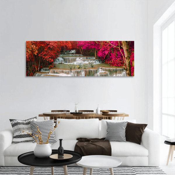 Waterfall Coming From Pink And Red Trees Jungle Panoramic Canvas Wall Art-3 Piece-25" x 08"-Tiaracle