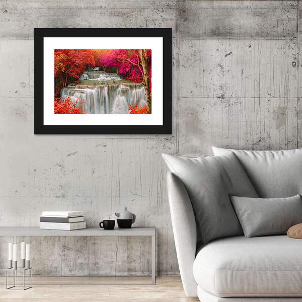 Waterfall Coming From Pink And Red Trees Jungle Panoramic Canvas Wall Art-1 Piece-36" x 12"-Tiaracle