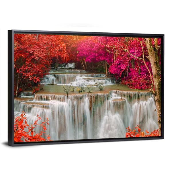 Waterfall Coming From Pink And Red Trees Jungle Panoramic Canvas Wall Art-1 Piece-36" x 12"-Tiaracle