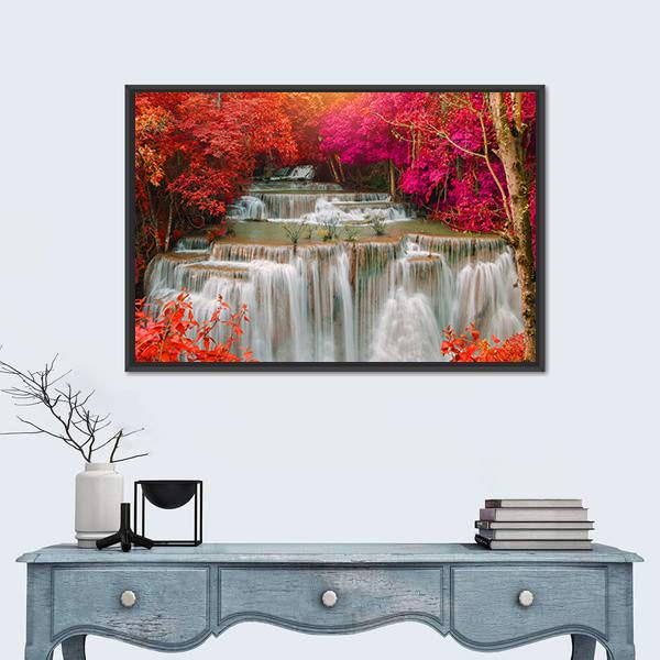 Waterfall Coming From Pink And Red Trees Jungle Panoramic Canvas Wall Art-1 Piece-36" x 12"-Tiaracle
