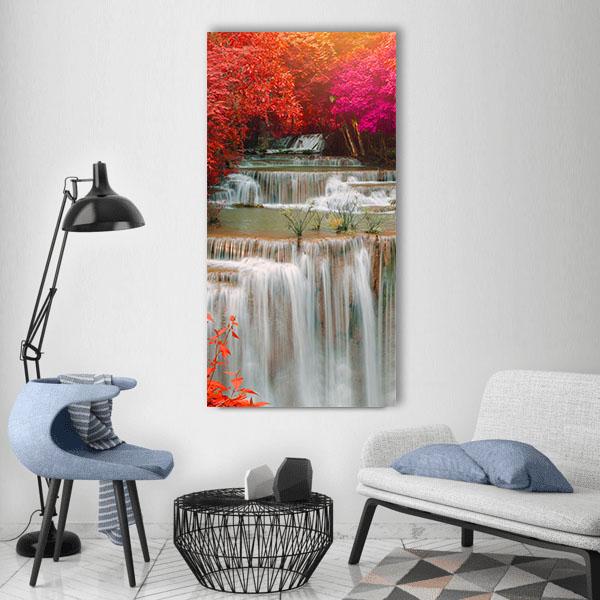 Waterfall Coming From Pink And Red Trees Jungle Vertical Canvas Wall Art-1 Vertical-Gallery Wrap-12" x 24"-Tiaracle