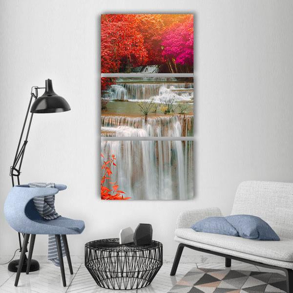 Waterfall Coming From Pink And Red Trees Jungle Vertical Canvas Wall Art-1 Vertical-Gallery Wrap-12" x 24"-Tiaracle