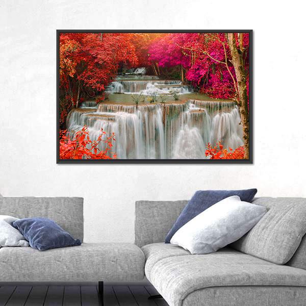 Waterfall Coming From Pink And Red Trees Jungle Vertical Canvas Wall Art-3 Vertical-Gallery Wrap-12" x 25"-Tiaracle