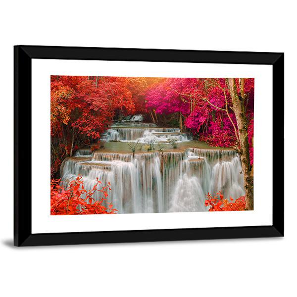 Waterfall Coming From Pink And Red Trees Jungle Vertical Canvas Wall Art-3 Vertical-Gallery Wrap-12" x 25"-Tiaracle