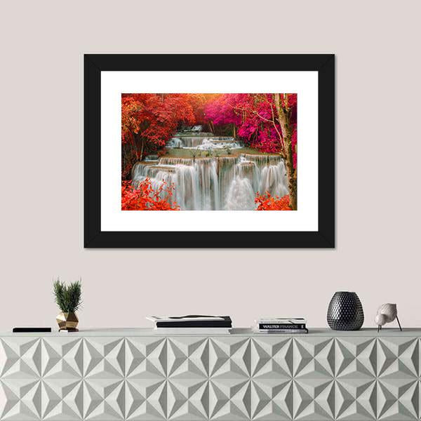 Waterfall Coming From Pink And Red Trees Jungle Vertical Canvas Wall Art-3 Vertical-Gallery Wrap-12" x 25"-Tiaracle