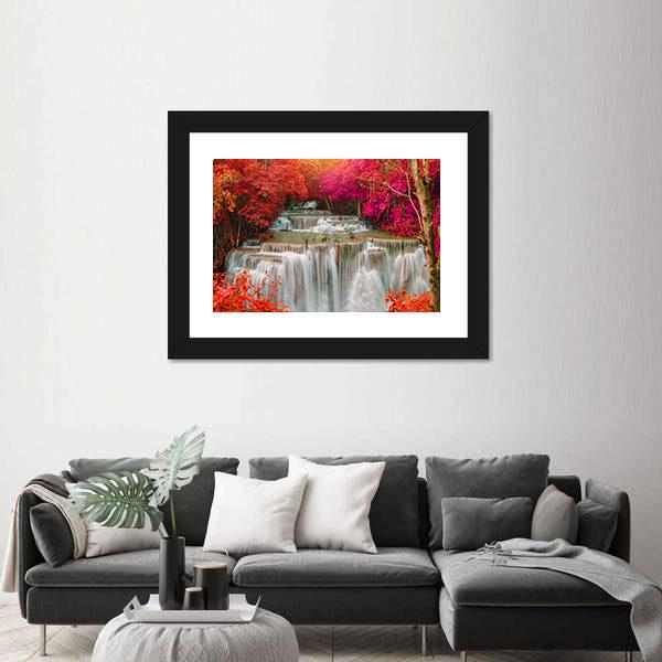 Waterfall Coming From Pink And Red Trees Jungle Vertical Canvas Wall Art-3 Vertical-Gallery Wrap-12" x 25"-Tiaracle