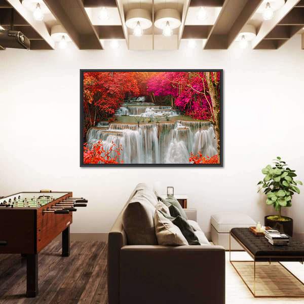 Waterfall Coming From Pink And Red Trees Jungle Vertical Canvas Wall Art-3 Vertical-Gallery Wrap-12" x 25"-Tiaracle