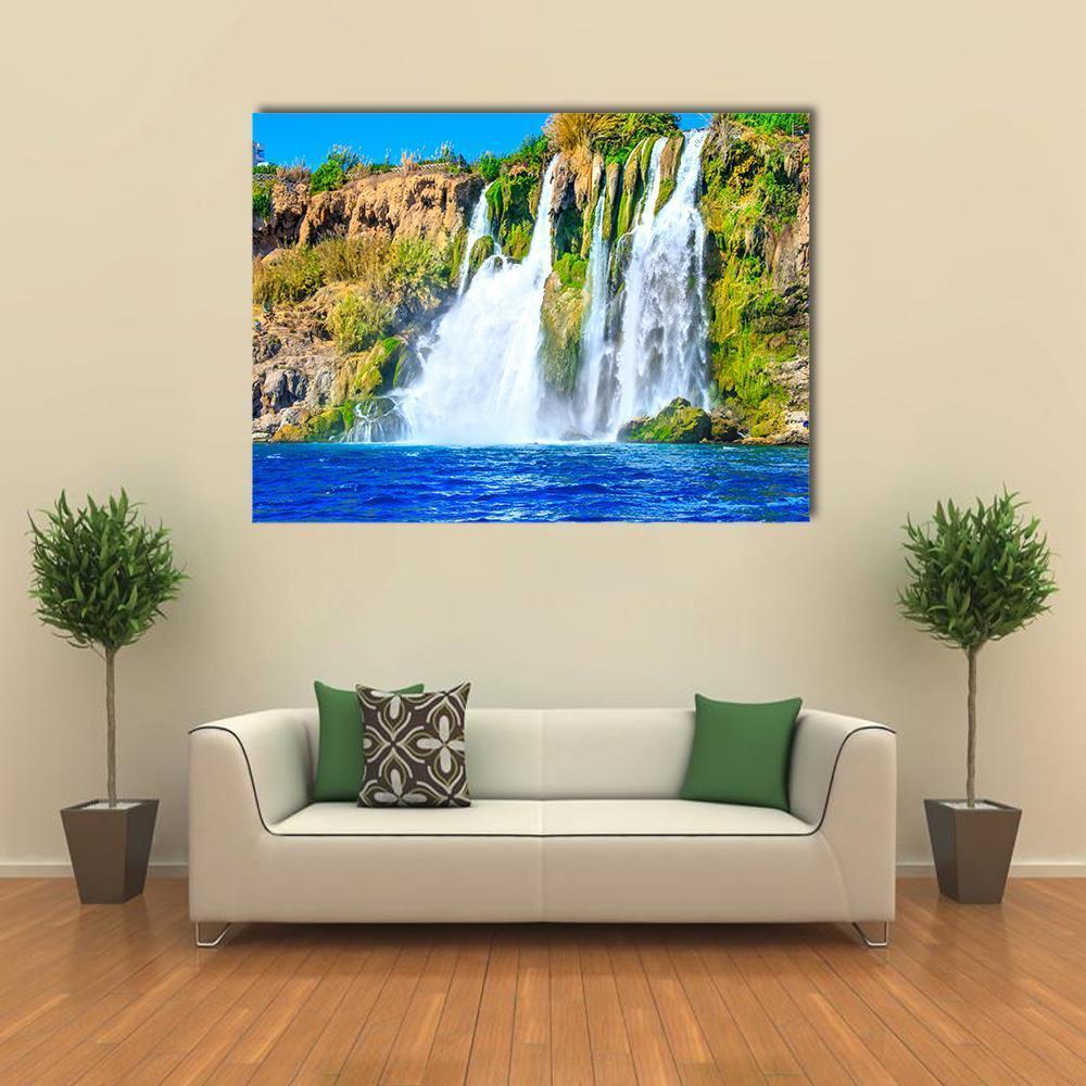 Duden Waterfall at Antalya Canvas Wall Art in white, green and blue, single panel hung on a wall