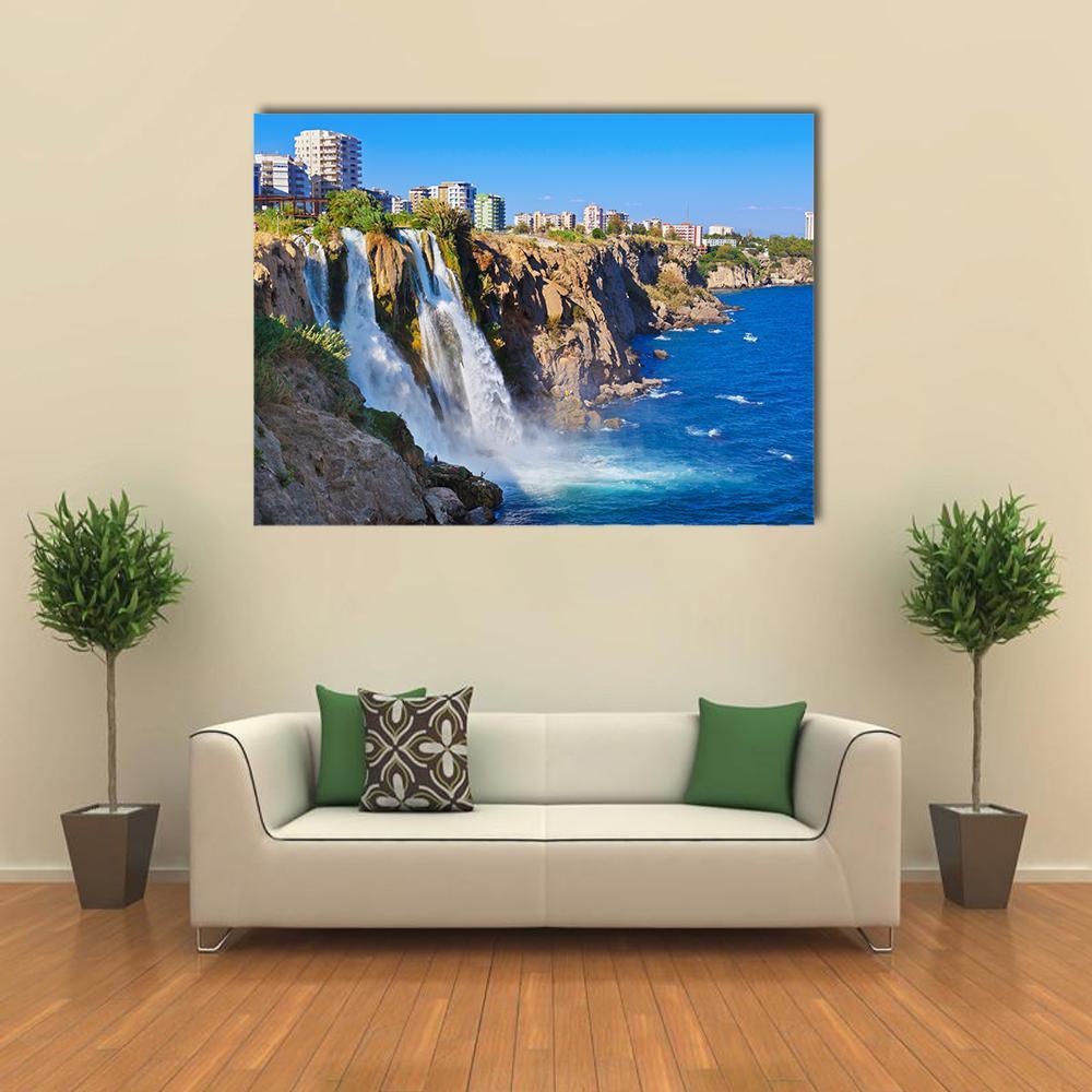 Duden Waterfall in Antalya Canvas Wall Art in white, brown and blue, single panel hung on a wall